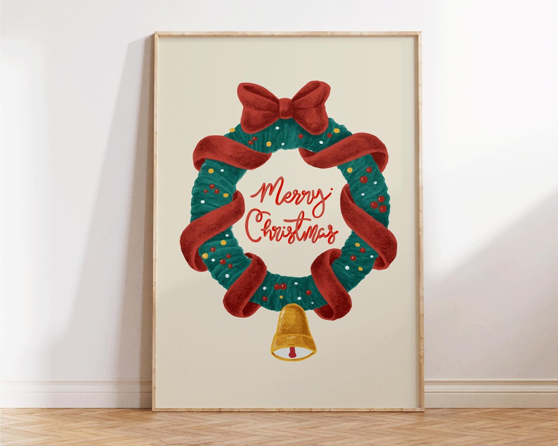 Merry Christmas Watercolor Wreath Ribbon Bell Retro Holiday Wall Art - Image 2