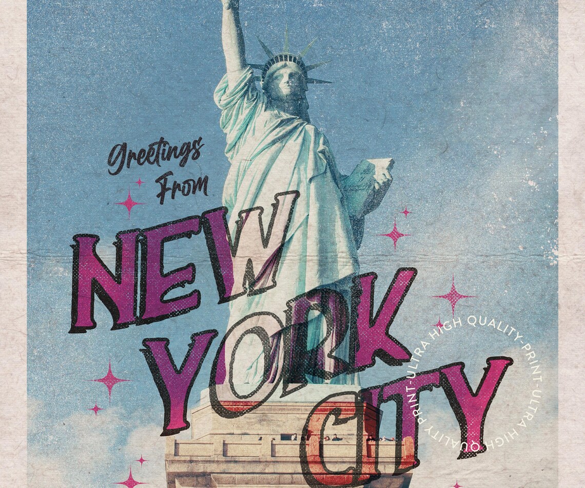 New York City Statue Of Liberty Pink Retro Travel Poster Vintage Style - Image 5
