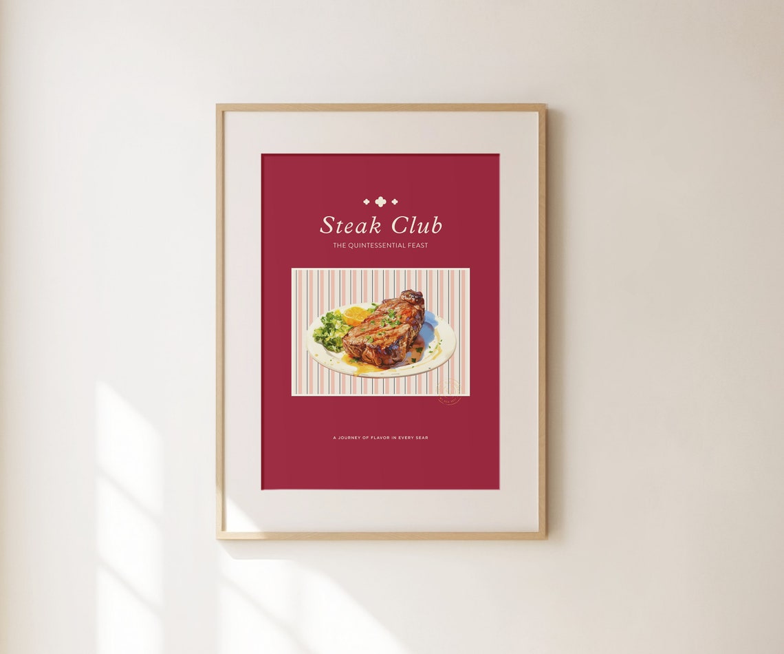 Steak Club Retro Kitchen Steakhouse Dinner Food Illustration Wall Art - Image 2