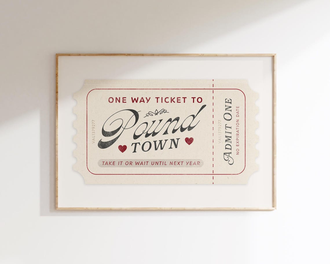 One Way Ticket To Pound Town Cream Red Retro Ticket Funny Love Poster