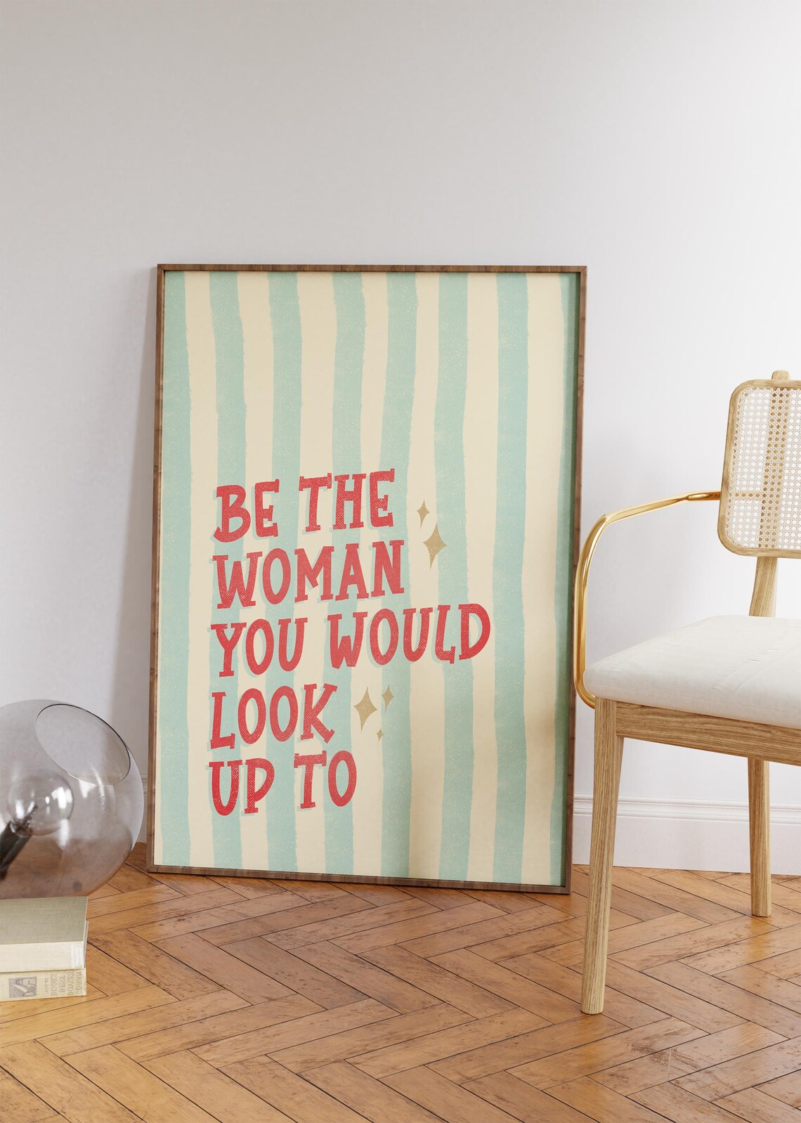 Be The Woman You Would Look Up To Coral Mint Striped Quote Poster - Image 3