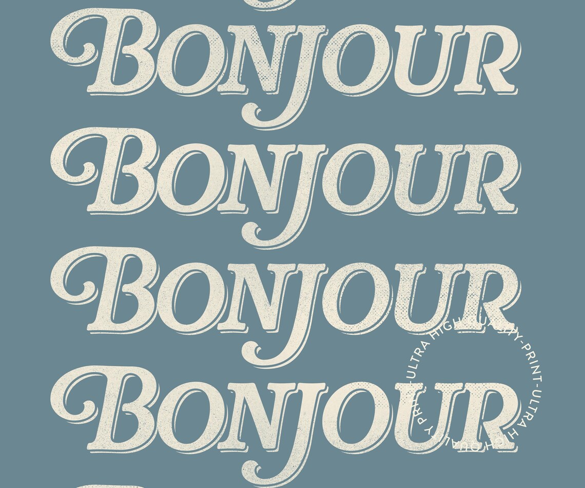 Bonjour French Retro Script Cream Blue Minimalist Typography Poster - Image 5