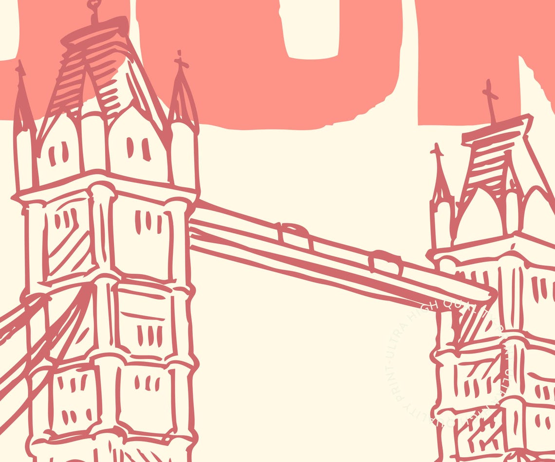 London Pink Retro Tower Bridge Line Drawing England Travel Poster - Image 5