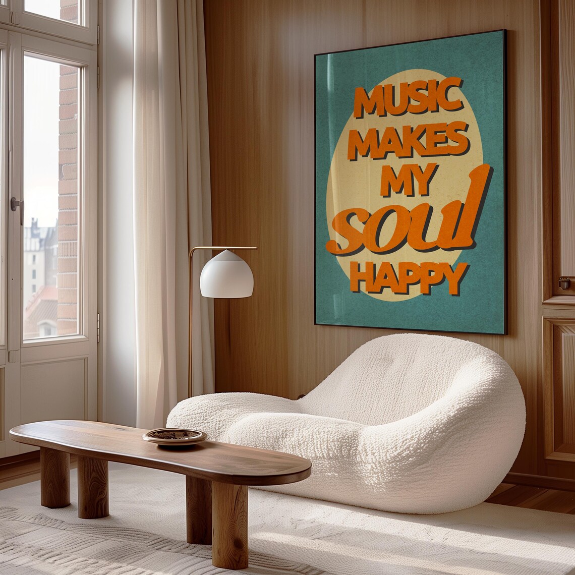 Music Makes My Soul Happy Orange Retro Quote Poster Teal Background - Image 3