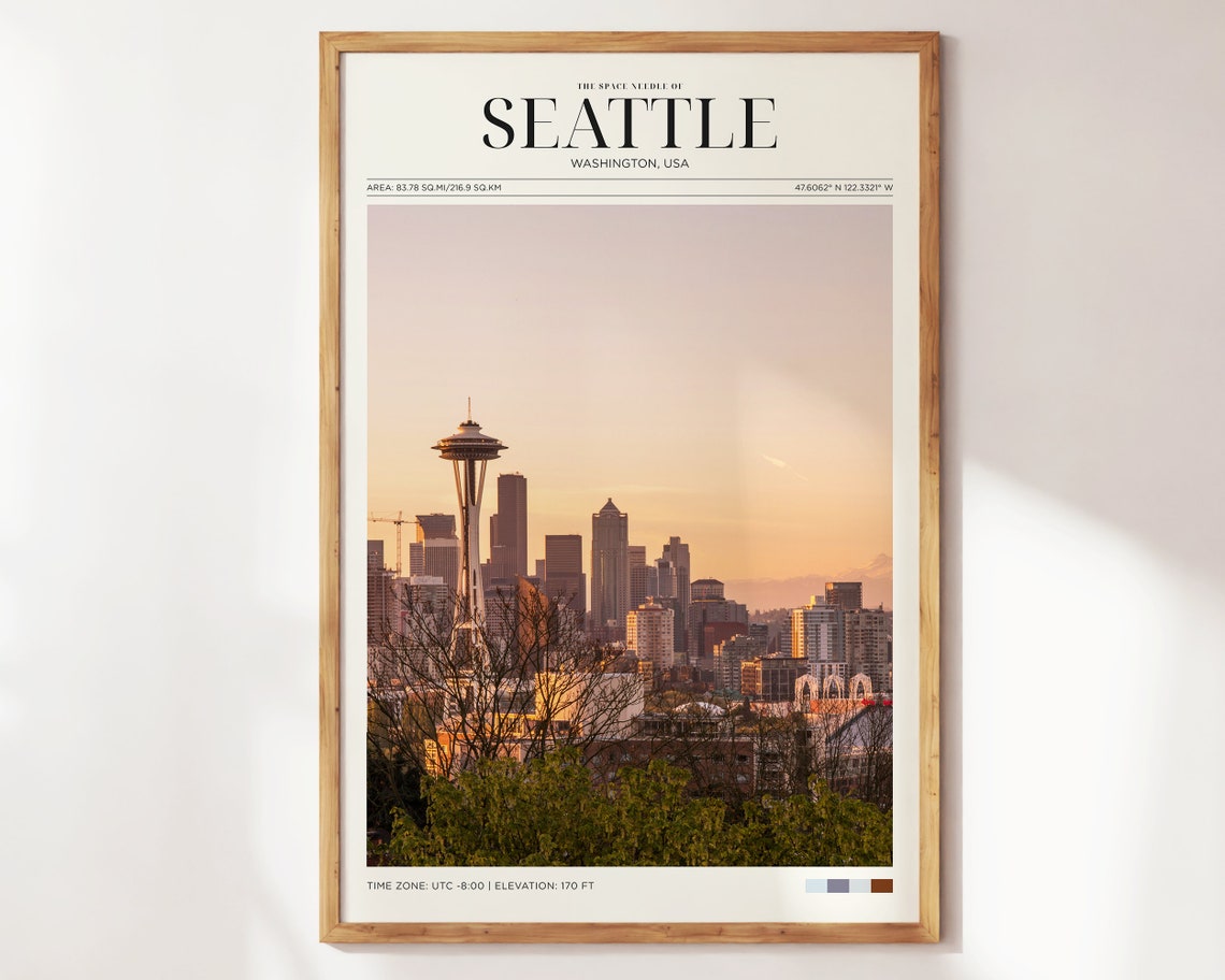 Seattle Space Needle Skyline Sunset Panorama Washington Travel Poster