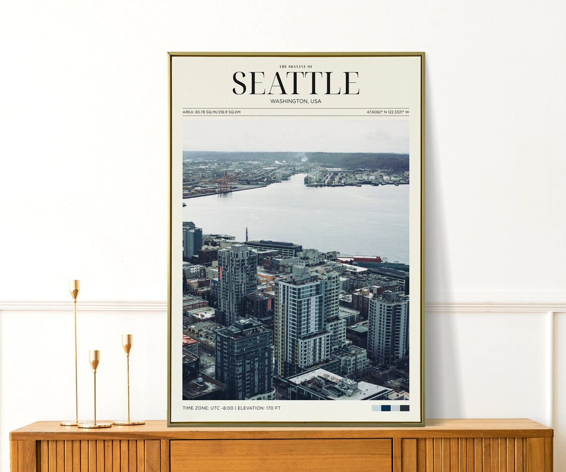 Seattle Washington Skyline Aerial Harbor Vintage Travel Poster - Image 2