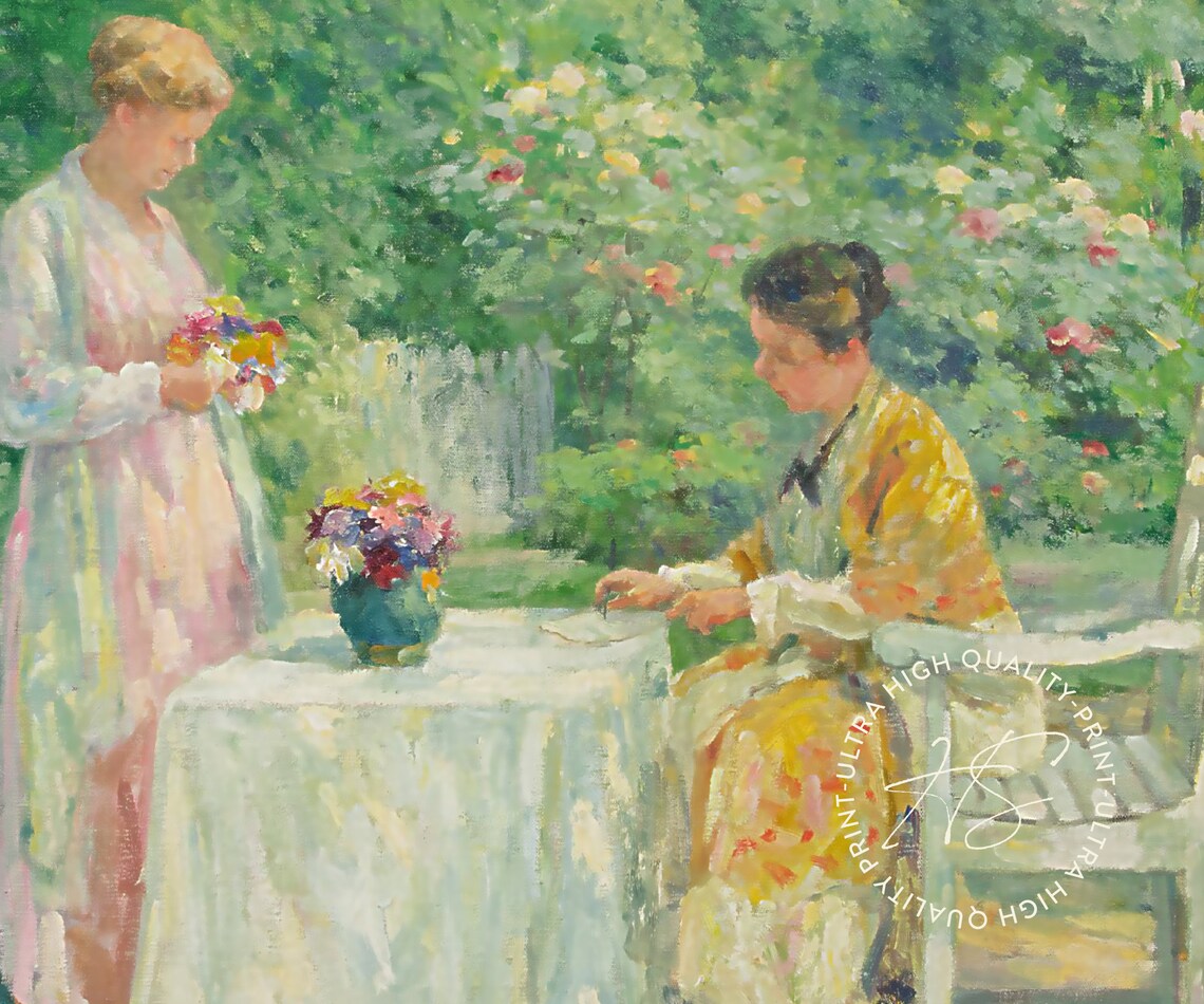 Impressionist Garden Women Picking Flowers Sunny Vintage Art Poster - Image 5