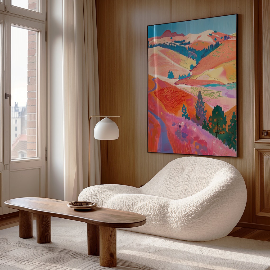 Pink Hills Modern Landscape Painting Colorful Hockney Style Wall Art - Image 3