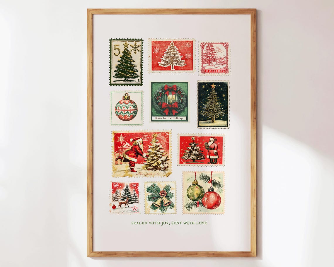 Vintage Christmas Postage Stamp Collage Santa Tree Holiday Poster - Image 3