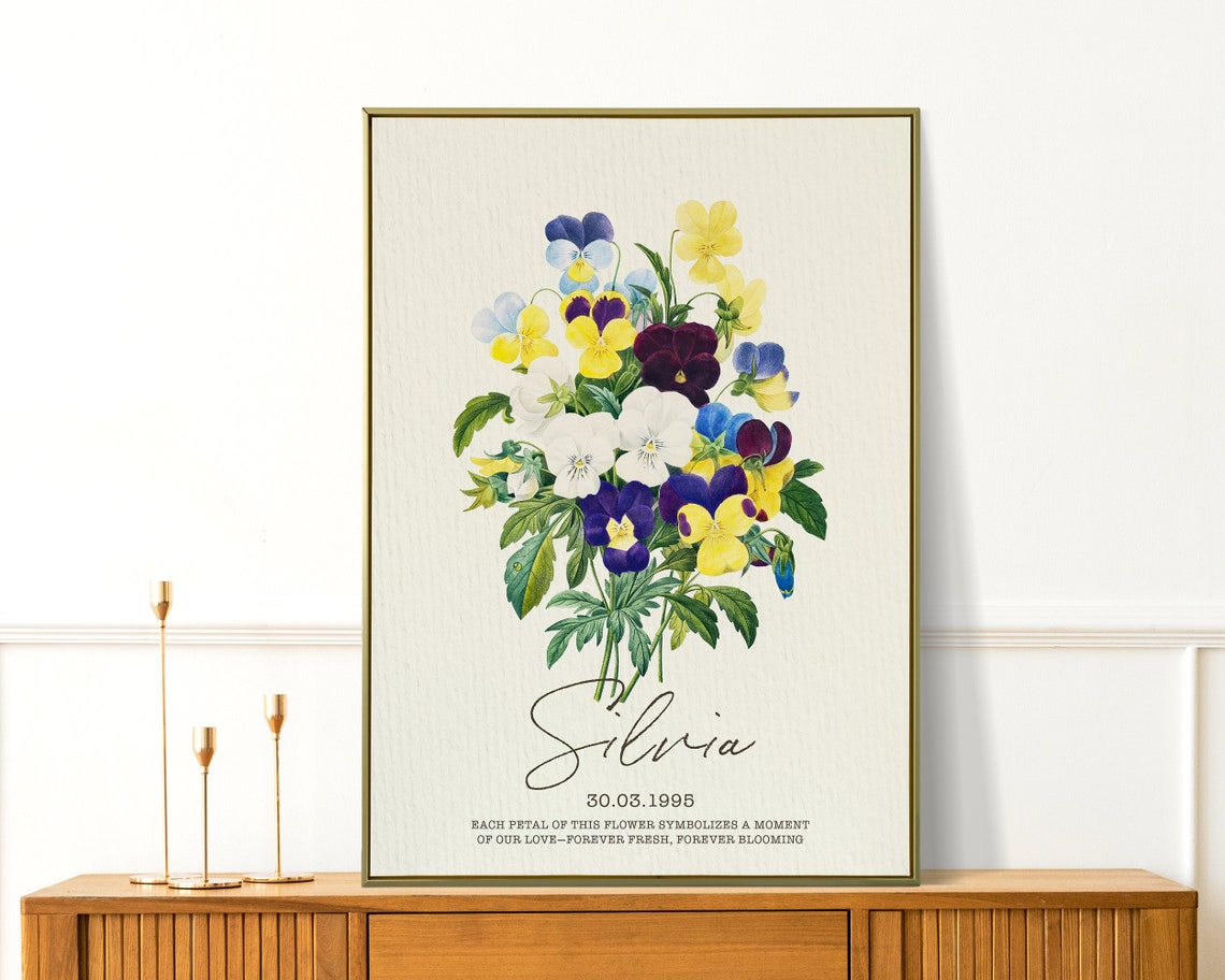 Personalized Pansy Bouquet Birth Flower Botanical Vintage Art Print