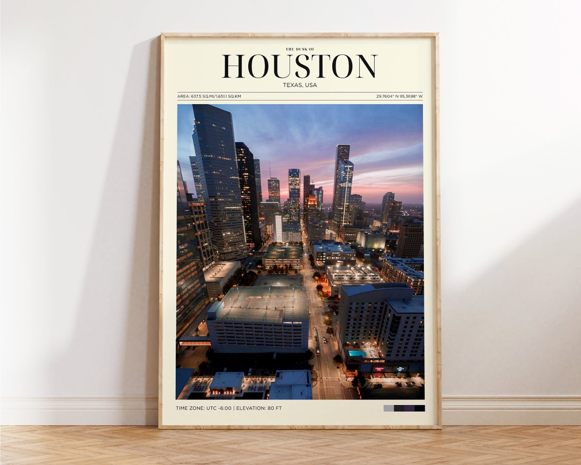 Houston Texas Dusk Skyline Aerial City Lights Panorama Travel Poster