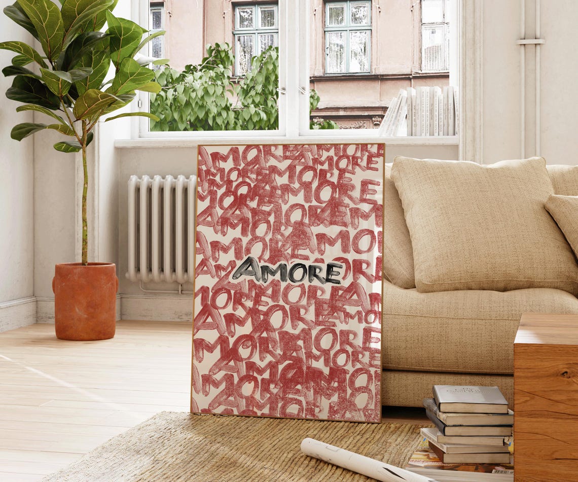 Amore Red Graffiti Typography Love Word Repeated Pattern Bold Wall Art - Image 3