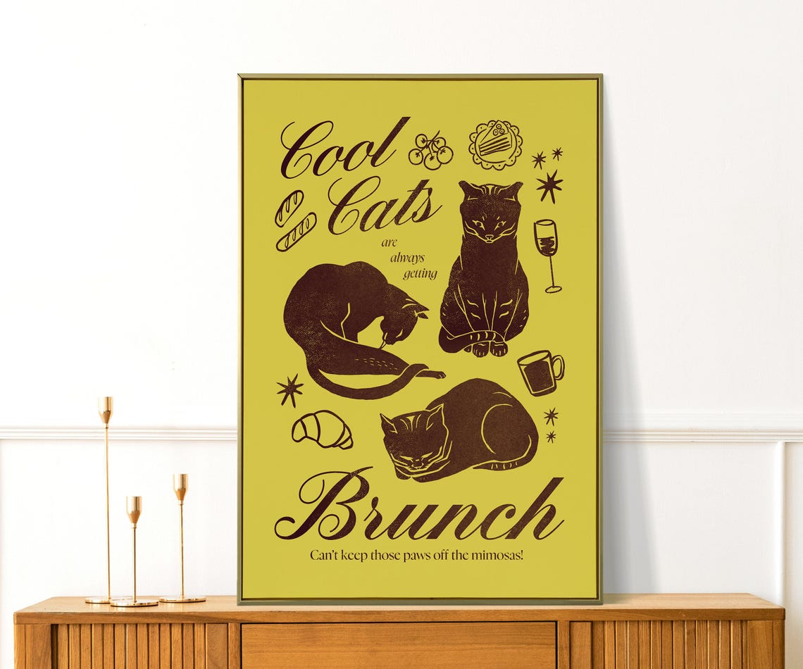 Cool Cats Brunch Funny Green Retro Cat Illustration Kitchen Poster - Image 4