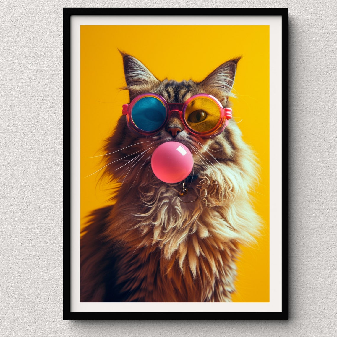 Long Haired Tabby Cat Blowing Pink Bubblegum in Sunglasses Poster