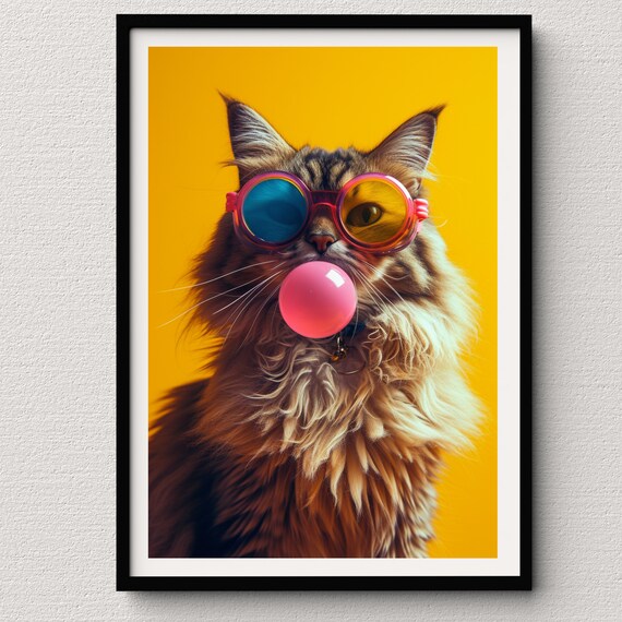 Long Haired Tabby Cat Blowing Pink Bubblegum in Sunglasses Poster
