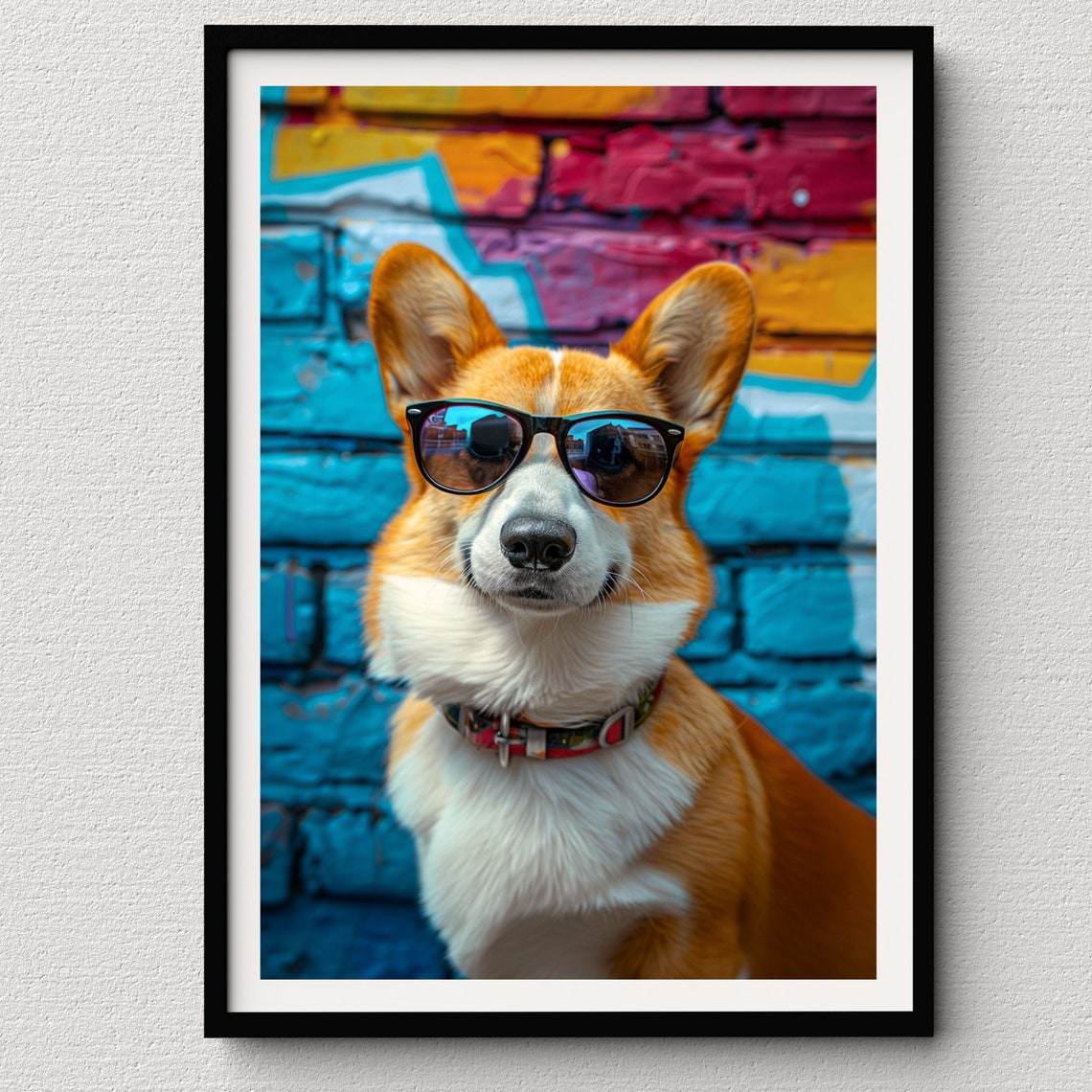 Cool Corgi Dog in Black Sunglasses Against Graffiti Brick Wall Poster