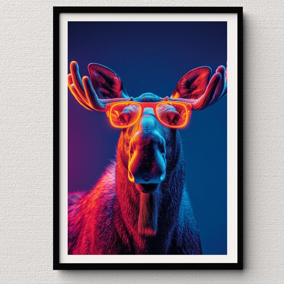 Moose Wearing Neon Orange Sunglasses Retro Glow Style Portrait Poster
