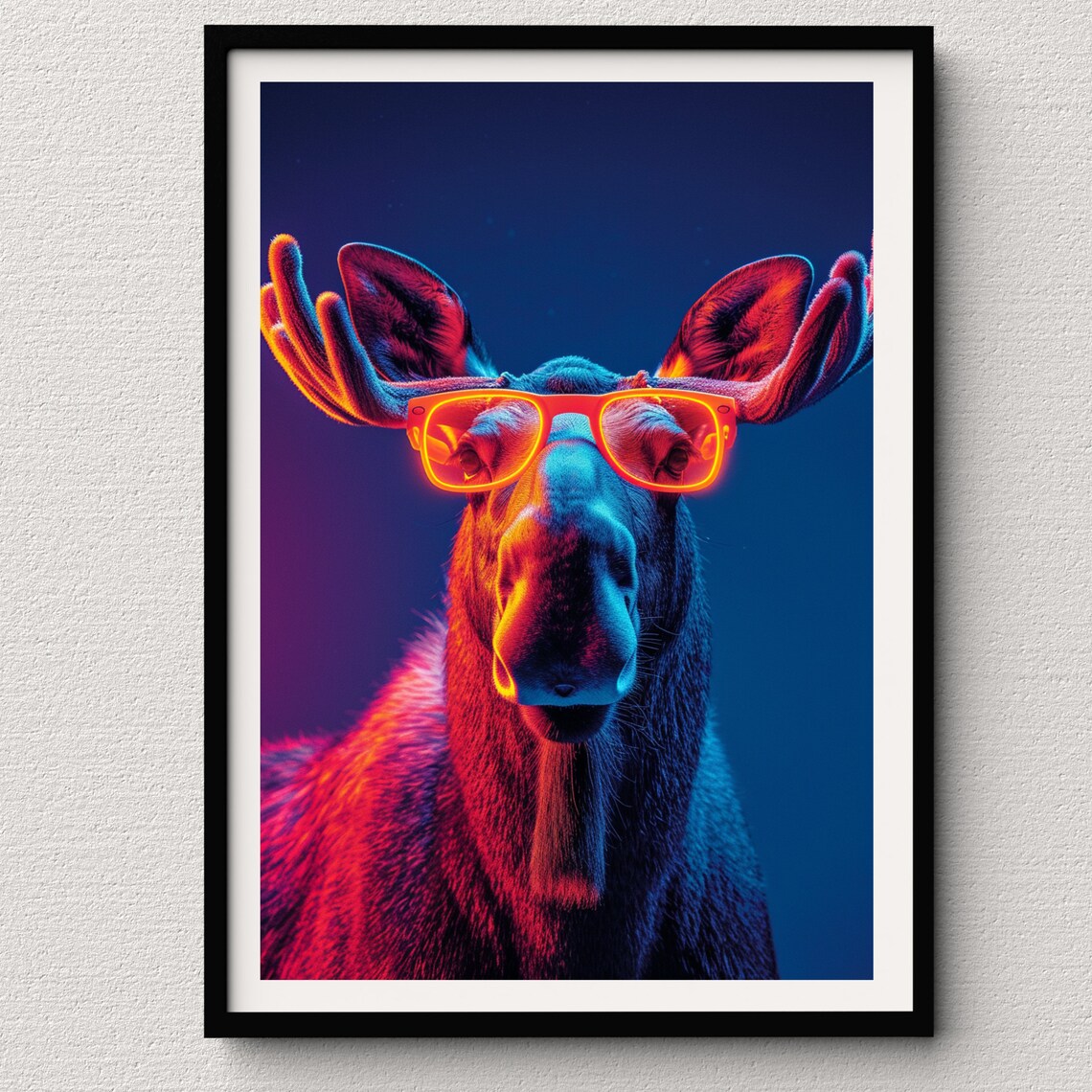 Moose Wearing Neon Orange Sunglasses Retro Glow Style Portrait Poster