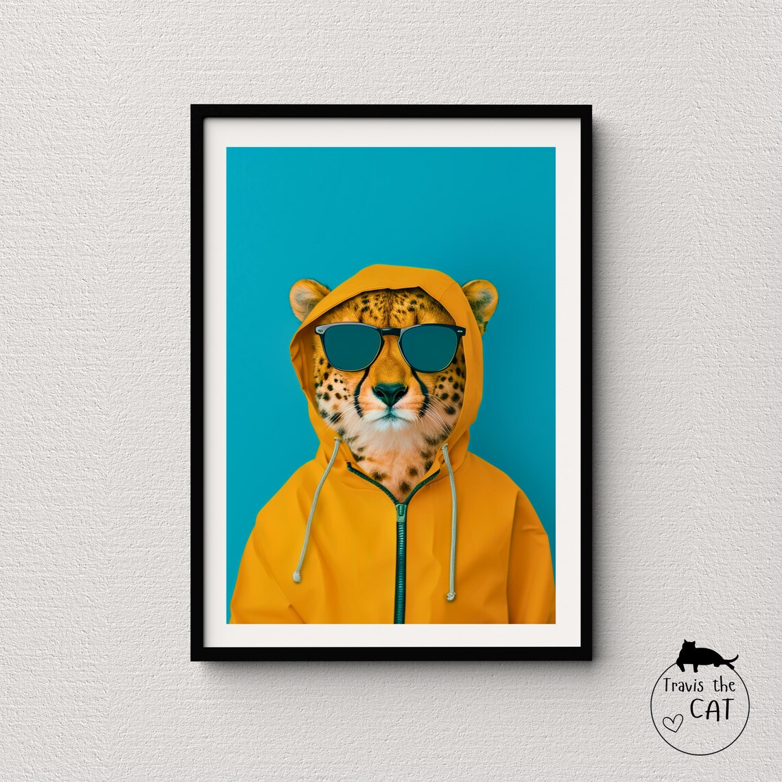 Cheetah in Orange Hooded Jacket and Sunglasses Teal Pop Art Poster