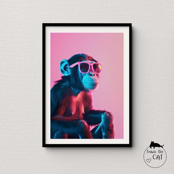 Cool Chimpanzee in Pink Sunglasses Neon Pink Pop Art Animal Poster