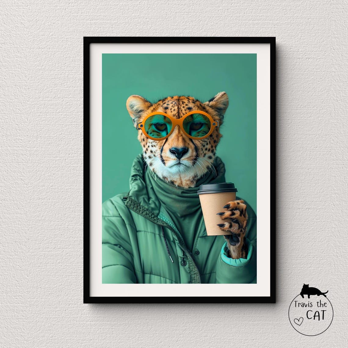 Cheetah in Green Puffer Jacket with Coffee Cup Teal Pop Art Poster
