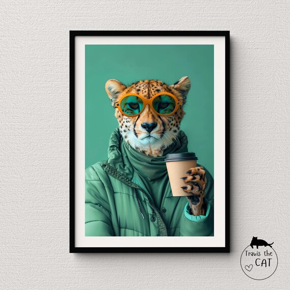 Cheetah in Green Puffer Jacket with Coffee Cup Teal Pop Art Poster