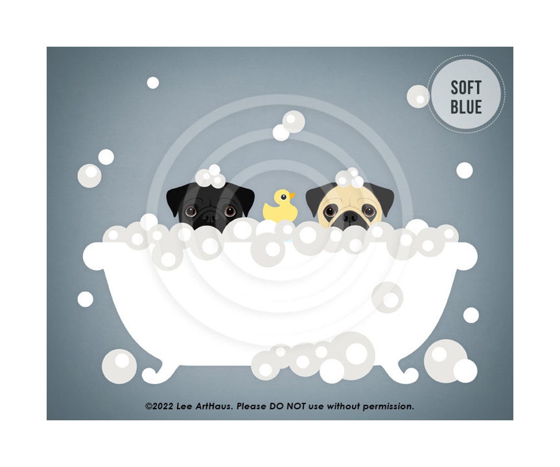 Two Pugs Black And Fawn Peeking Bubble Bath Teal Cute Dog Poster - Image 2