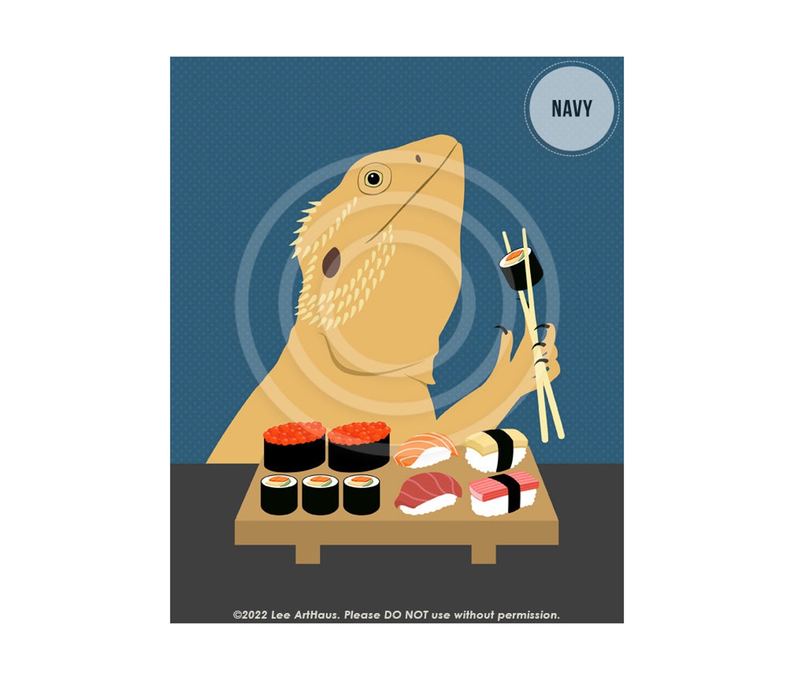 Bearded Dragon Eating Sushi With Chopsticks Funny Animal Art Poster