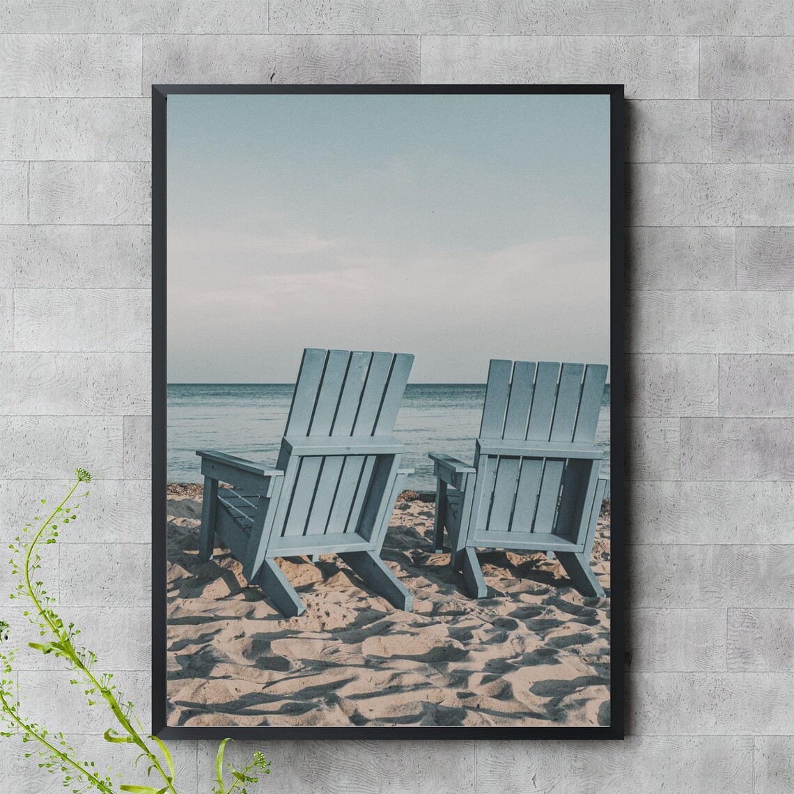 Blue Adirondack Chairs Facing Calm Ocean Shore Coastal Photography Wall Art