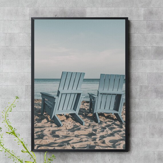 Blue Adirondack Chairs Facing Calm Ocean Shore Coastal Photography Wall Art