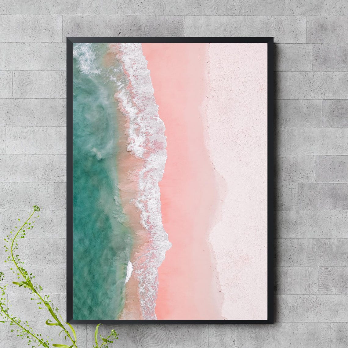 Aerial Pink Sand Beach Turquoise Waves Shoreline Photo Print