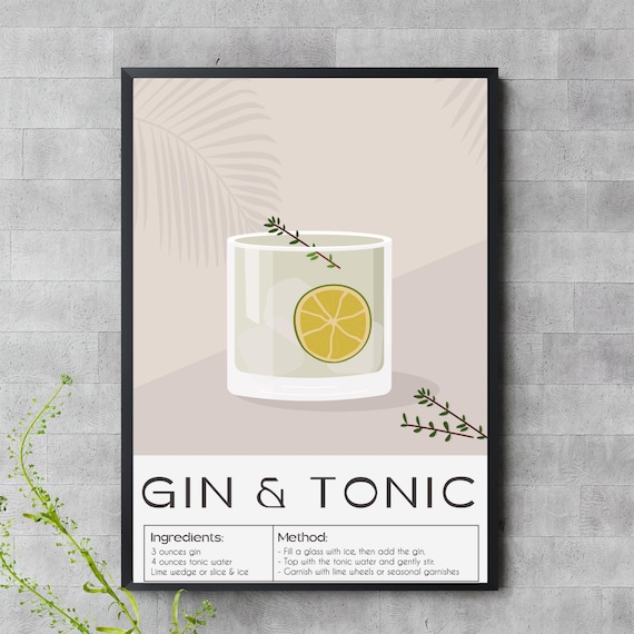 Gin And Tonic Cocktail Print Minimalist Botanical Bar Art Classic Drink Recipe
