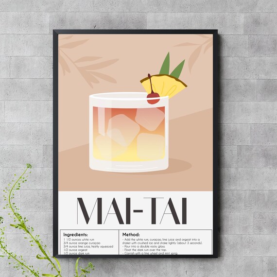 Mai Tai Tropical Cocktail Recipe White Rum Pineapple Tiki Bar Decor Poster