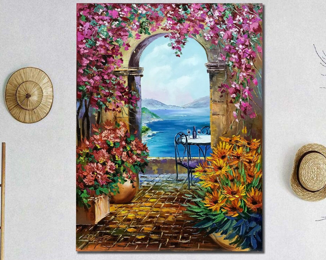 Positano Italy Oil Painting Original Italian Courtyard Painting Italy Art Beautiful Italian Village Painting On Amalfi Coast Painting - Image 2
