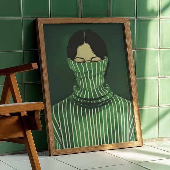Emerald Green Figurative Woman Portrait Abstract People Art Print Minimal Japandi Stripe Female Paintingdigital Wall