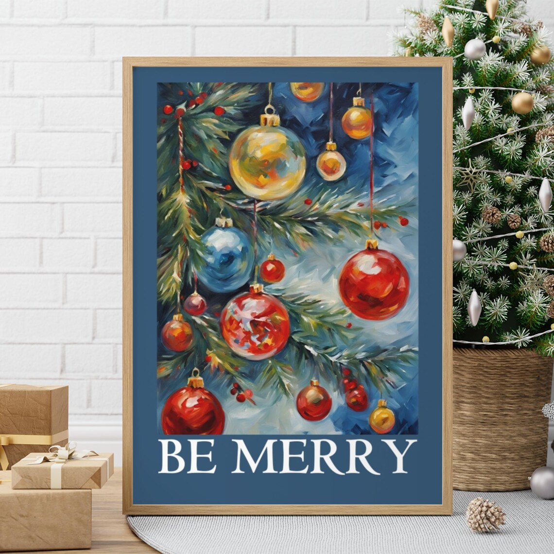 Be Merry Christmas Ornament Painting Navy Holiday Season Poster
