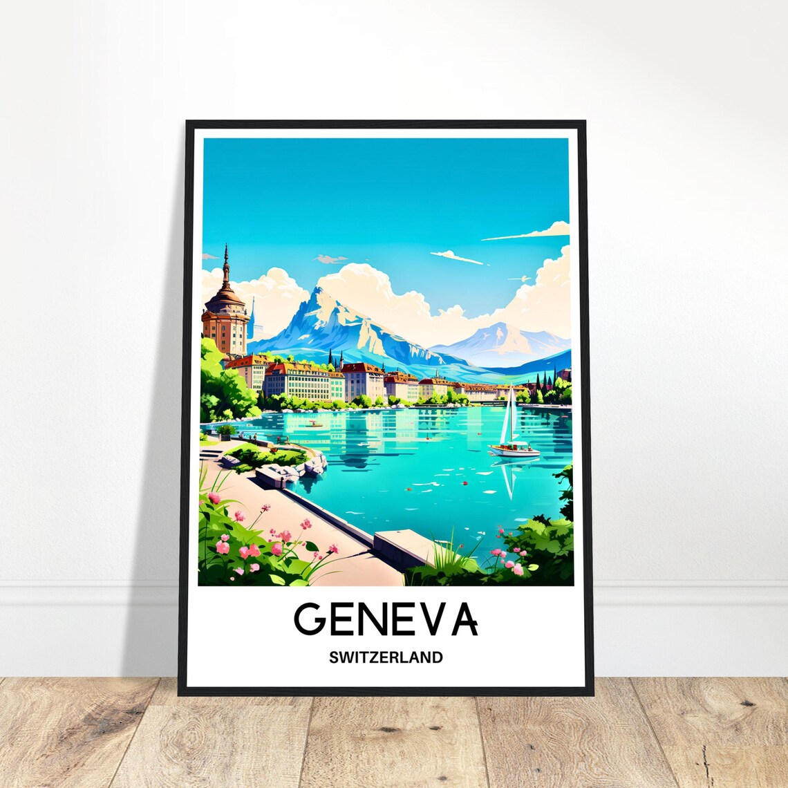 Geneva Lake Alpine Sailboat Scenic Switzerland Travel Poster