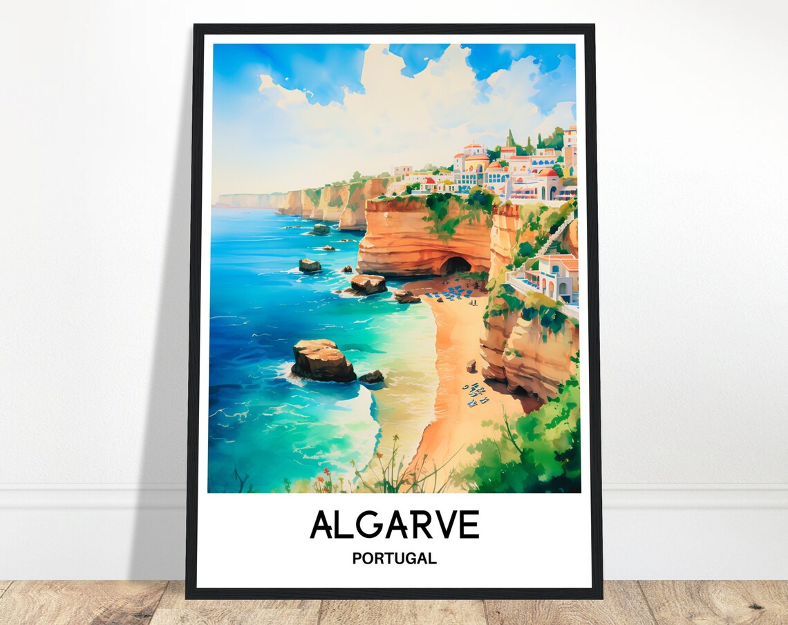 Algarve Portugal Golden Cliffs Beach Watercolor Travel Poster