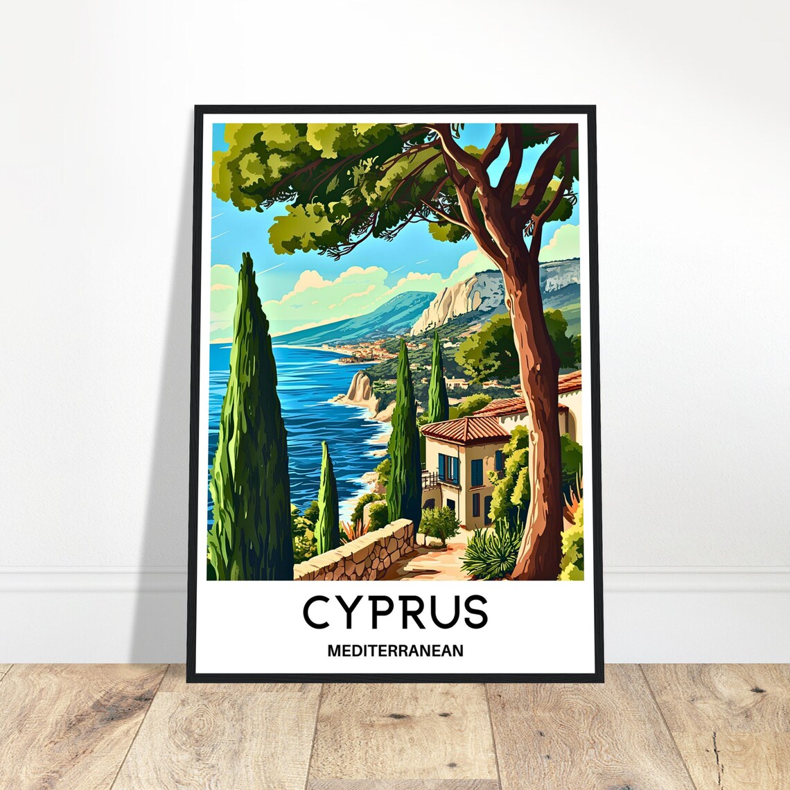 Cyprus Mediterranean Coast Villa Cypress Trees Travel Poster