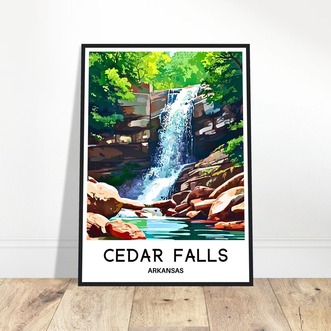 Cedar Falls Arkansas Waterfall Red Rocks Vintage Travel Poster