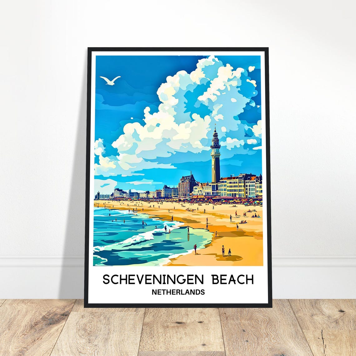 Scheveningen Beach Netherlands Retro Travel Illustration Poster