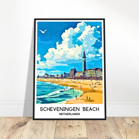Scheveningen Beach Travel Print Poster Dutch Art Netherlands Lover Gift Wall Hanging Home Office Desk Decor Illustration