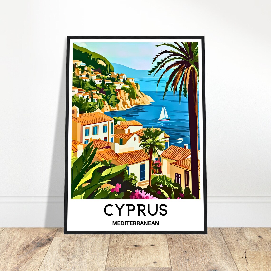 Cyprus Mediterranean Coast Village Sailing Boat Travel Poster