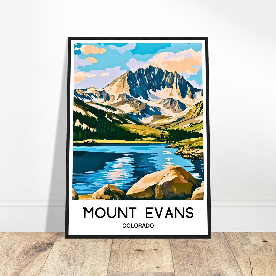Mount Evans Colorado Snowy Peak Lake Travel Illustration Poster
