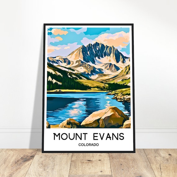 Mount Evans Colorado Snowy Peak Lake Travel Illustration Poster