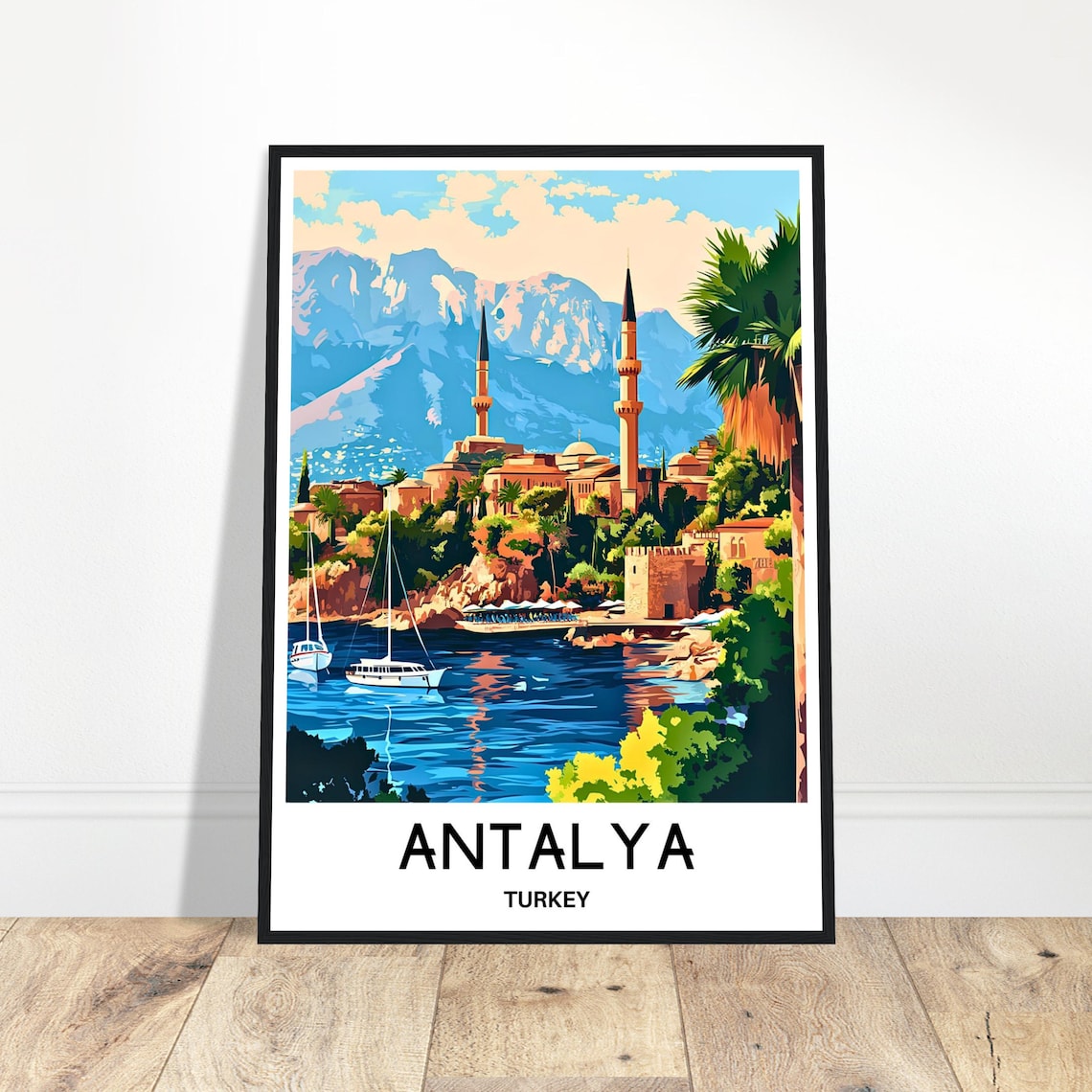 Antalya Turkey Harbor Mosque Minarets Retro Travel Art Poster