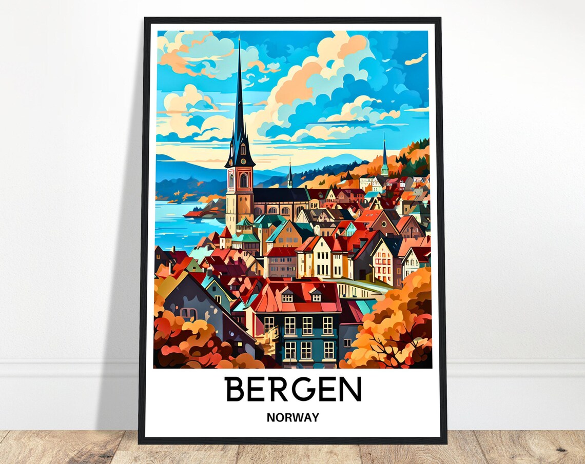 Bergen Cityscape Church Spire Colorful Rooftops Norway Travel Poster