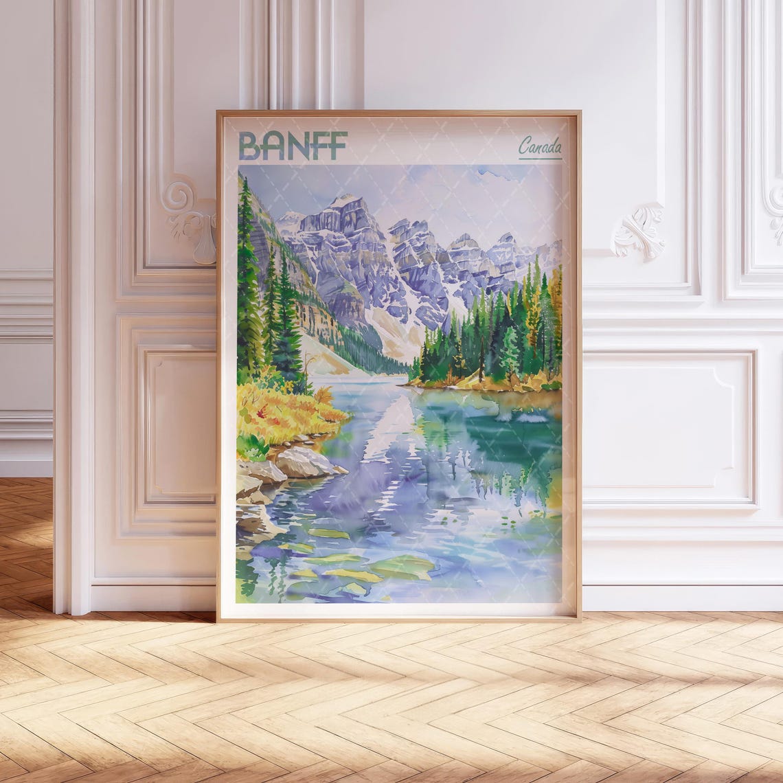 Banff Canada Watercolor Poster Alpine Lake Mountain Reflection Art