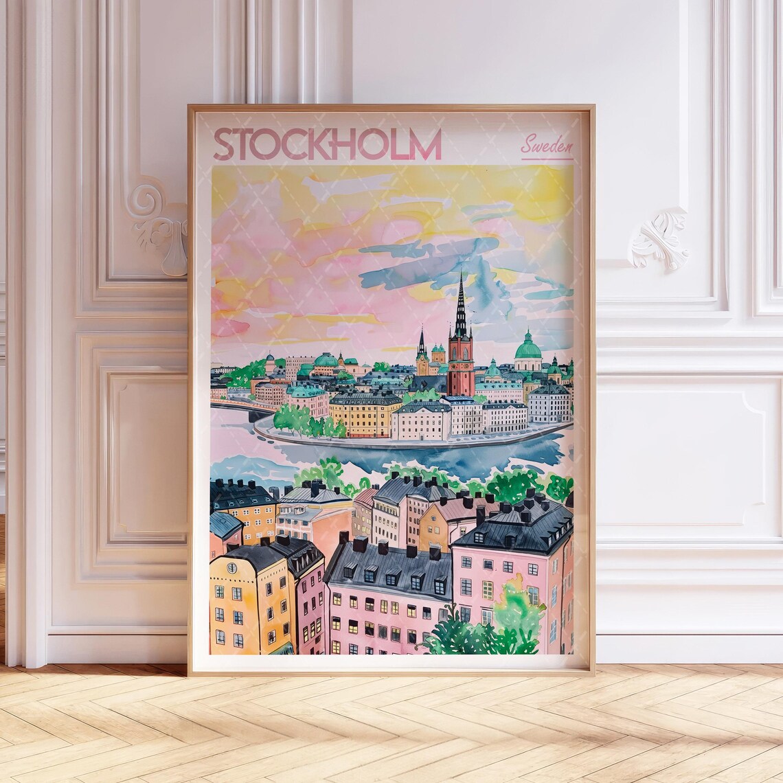 Stockholm Watercolor Travel Poster, World Cities Print
