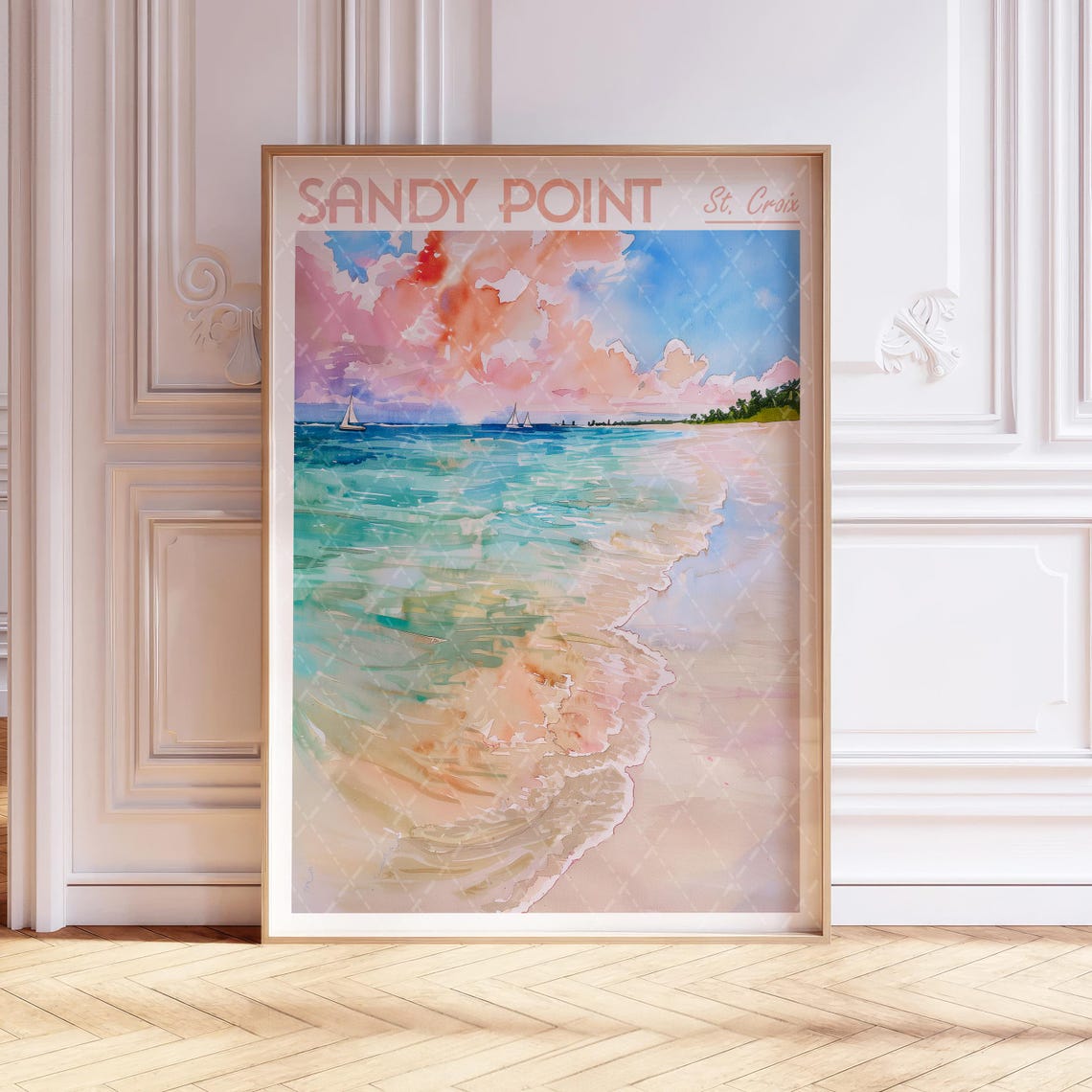 Sandy Point St Croix Beach Waves Caribbean Watercolor Travel Poster